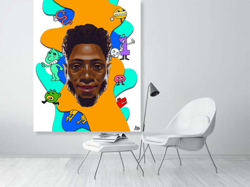 Colorful illustration of a person surrounded by playful characters, displayed in a modern living space.