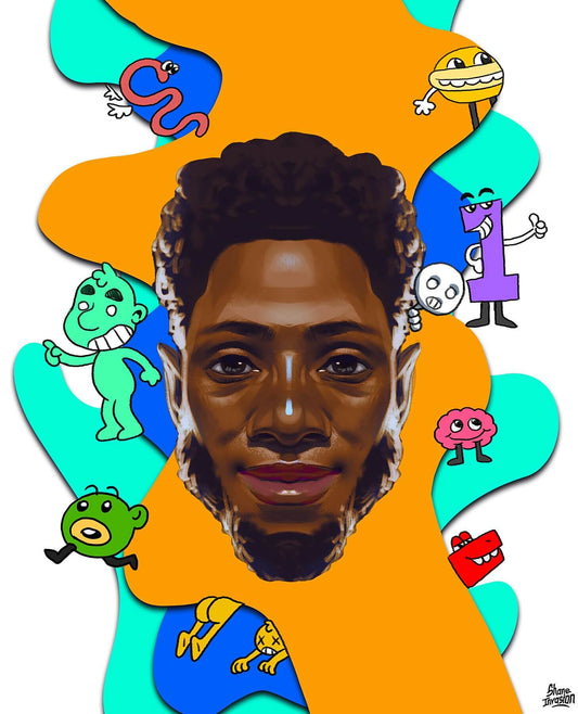 Colorful digital artwork featuring a stylized portrait surrounded by whimsical cartoon characters.